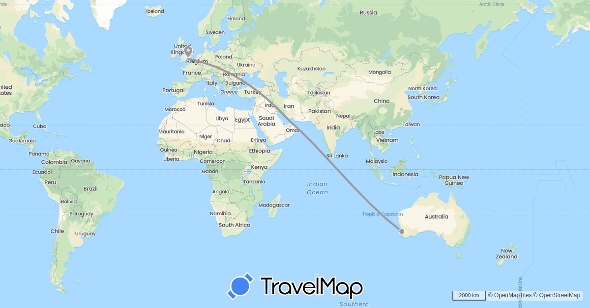 TravelMap itinerary: driving, plane in United Arab Emirates, Australia, United Kingdom (Asia, Europe, Oceania)